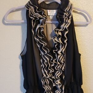 Robert Rodriguez Black and White Ruffled Sleeveless Blouse